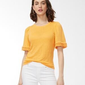 Chicos Womens Beachy Minimalist Summer 100% Linen Fringe Top‎ Size L Gold Yellow